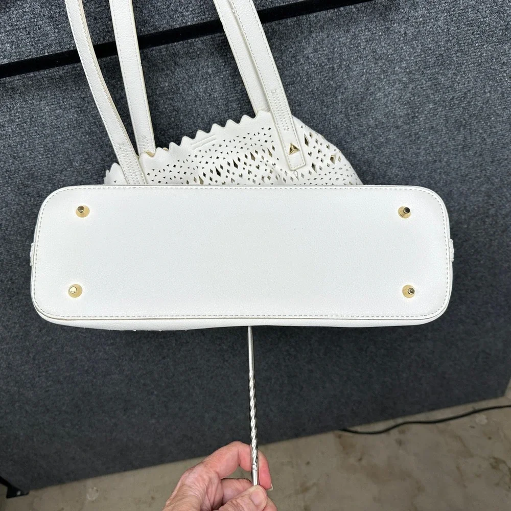 Madison West Laser Cut Perforated Scalloped White Vegan Leather‎ Tote Bag